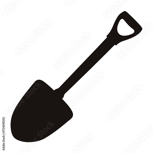 Simple Black Silhouette of a Shovel with Handle for Gardening Needs