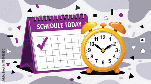 Reminder to schedule today with a calendar and alarm clock, emphasizing the importance of time management and organization for productivity on transparent background