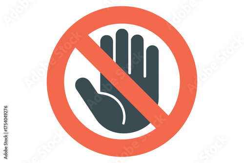 A red circle with a line through it surrounds a black hand, indicating a prohibition or warning, on transparent background