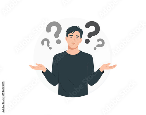 Confused man shrugging shoulders with question marks doubtful person with uncertain expression, thinking and decision on transparent background