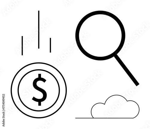 Dollar coin with downward motion lines, magnifying glass examining a cloud. Ideal for finance, technology, data exploration, cloud computing, innovation, analysis and research. Simple flat metaphor
