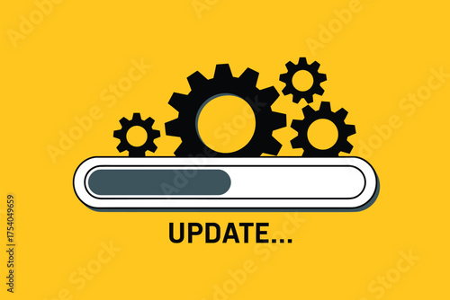 Update in progress with gears and loading bar on yellow background, illustrating software update, system upgrade, or installation process on transparent background
