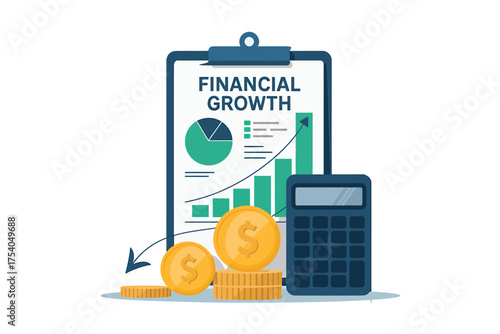 Financial growth illustration, featuring coins, calculator, and chart, representing investment and success on transparent background