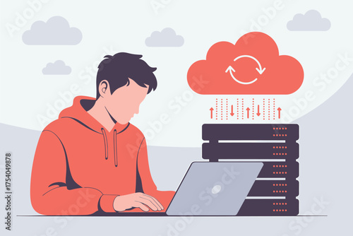 A man in an orange hoodie working on a laptop with a cloud and server illustration on a light gray background on transparent background