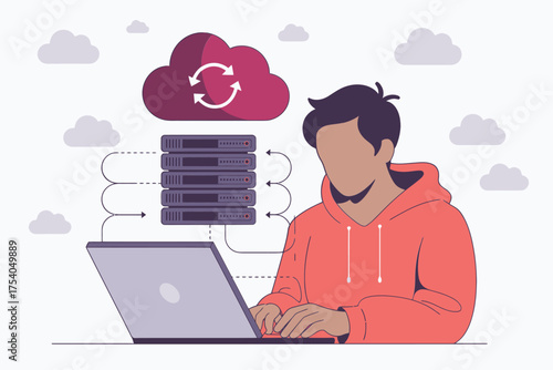 Cloud server data center with man working on laptop, cloud computing, data storage, information technology, network, database, on transparent background