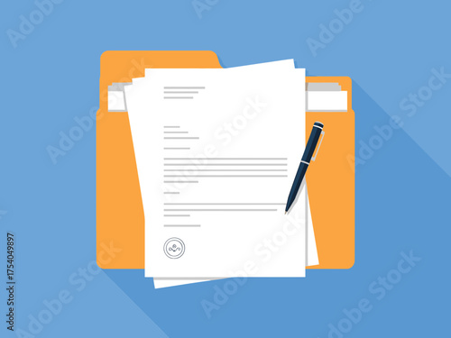 Folder with documents and pen, business paperwork, contract, agreement, report, file, office supplies, organization, on transparent background