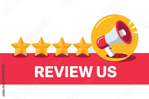 Review us concept customer feedback and rating system star rating and megaphone symbol for online business reputation on transparent background