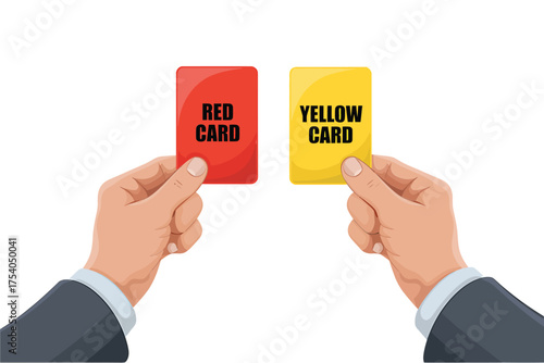 Referee holding red and yellow cards concept of sport rules violation, decision, game error, foul, penalty, warning, caution on transparent background