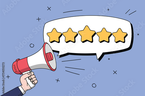 Five star rating with megaphone customer feedback, review, testimonial, or recommendation concept for business on transparent background