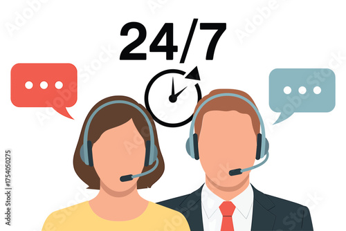 247 customer service operators with headsets and speech bubbles, providing roundtheclock support and assistance, on transparent background