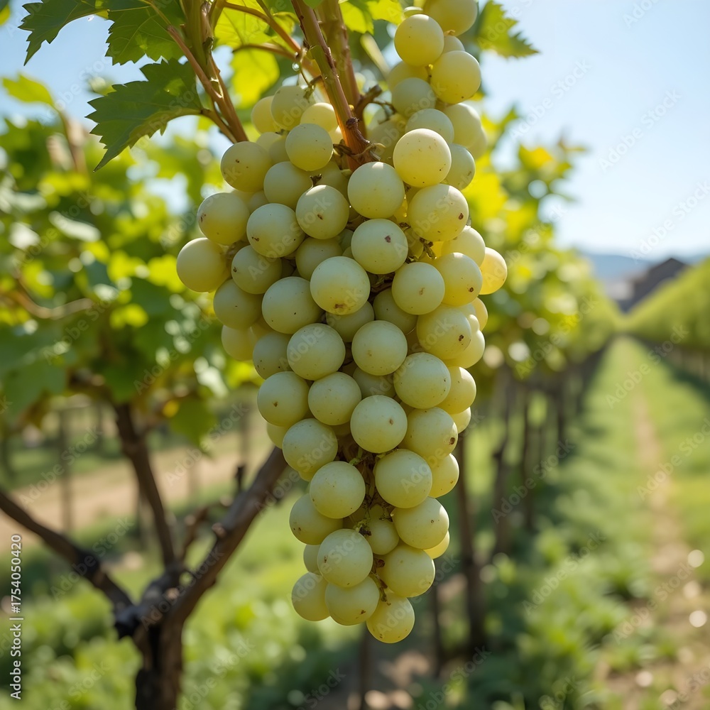 Fototapeta premium Close-up of white wine grapes on a sunny day in a vineyard