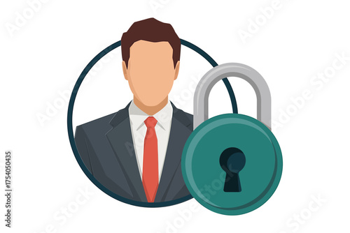 A businessman avatar is protected by a padlock, symbolizing data privacy, security, and access control on transparent background