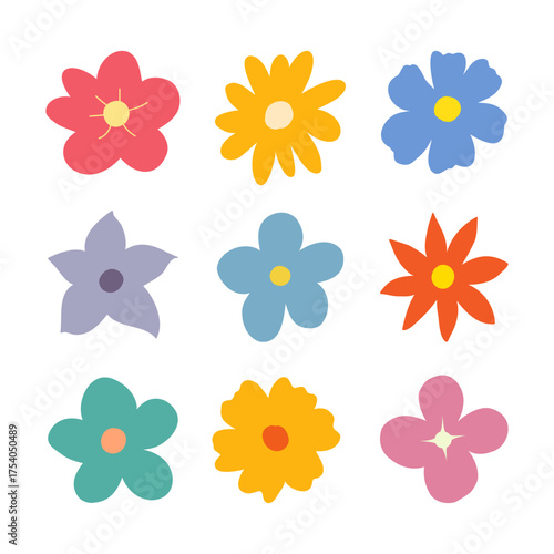 Simple colorful flower icon set collection flat floral vector shapes isolated on white background.