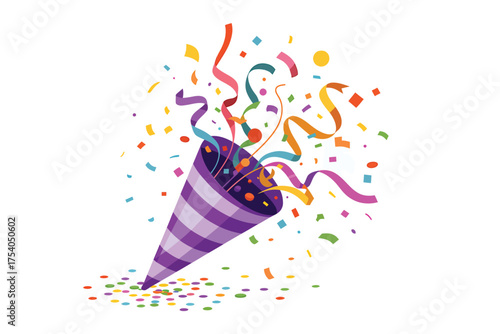 Colorful confetti explosion from a purple party popper, creating a festive and celebratory atmosphere on transparent background