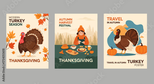 Set of three vertical Thanksgiving posters with illustrations of turkeys, a harvest festival meal, and autumn travel themes for seasonal celebration