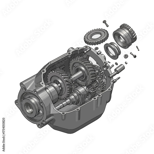 Detailed exploded view illustration of a gearbox mechanism showing internal gears, shafts, and components. Perfect for use in mechanical engineering, automotive manuals, technical diagrams
