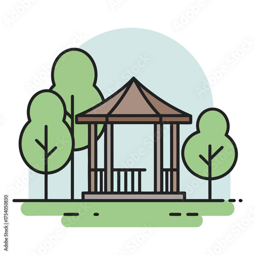 A thin line art vector illustration featuring a park gazebo or pavilion surrounded by various trees. The design uses a flat style with a gentle, soft color palette suggestive of autumn or spring