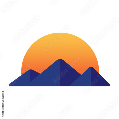 Minimalist flat vector illustration of a mountain landscape with an orange sunset and white clouds in a bright blue sky. Perfect for posters, wallpapers, travel graphics, web design.