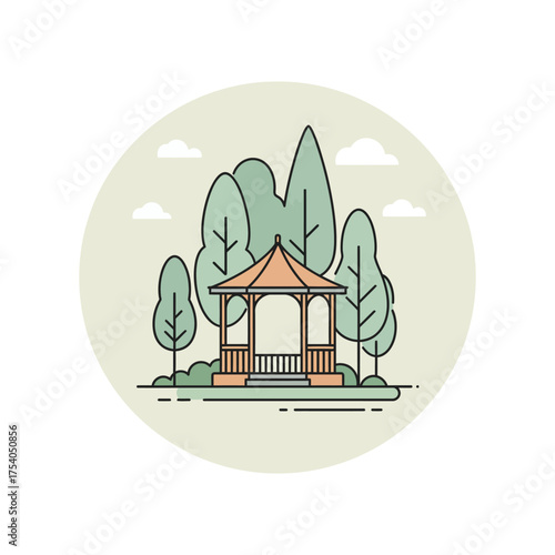 A thin line art vector illustration featuring a park gazebo or pavilion surrounded by various trees. The design uses a flat style with a gentle, soft color palette suggestive of autumn or spring