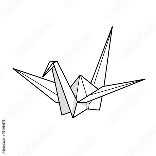 A minimalist line art vector illustration of a traditional Japanese origami crane (paper bird). The design features clean black outlines against a white background, 