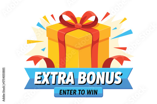 A vibrant extra bonus gift box with a red bow and confetti, inviting viewers to enter to win, on transparent background