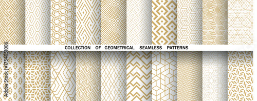 Geometric set of seamless golden and white patterns. Simple vector graphics
