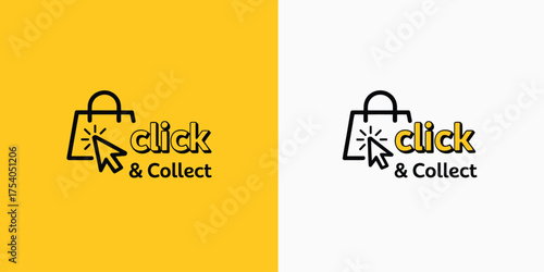 Click and collect logo design with shopping bag and cursor modern vector illustration for online shop, store, and ecommerce on transparent background