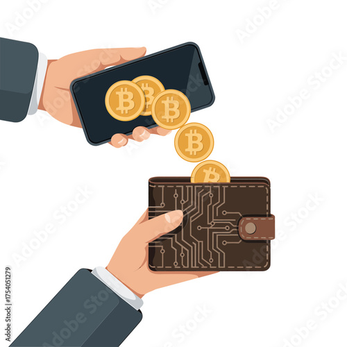 Cryptocurrency transaction illustration showing bitcoin coins transferring from a phone to a digital wallet held by hands, on transparent background