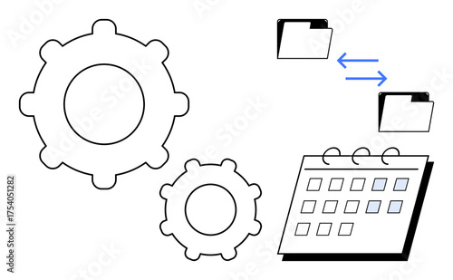 Two gears symbolizing automation, file folders with arrows indicating data exchange, and a calendar for scheduling. Ideal for project management, collaboration, productivity, planning, workflow