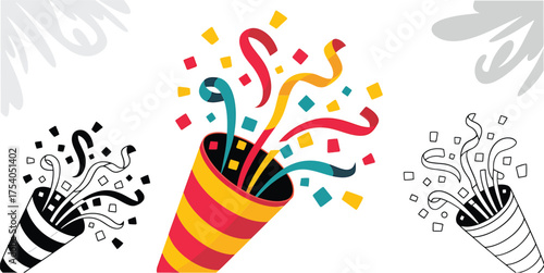 A colorful party popper with confetti isolated on, ideal for celebrating birthdays, holidays, and special occasions with joy on transparent background