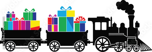 Black christmas gift train vector illustration with locomotive and railcar loaded with colorful presents, holiday season delivery graphic for invitations, greeting cards, and festive designs.