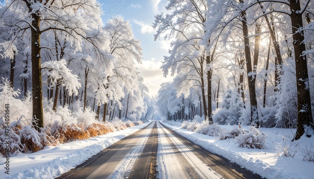 Obraz premium Winter Road Through a Snowy Forest Landscape.