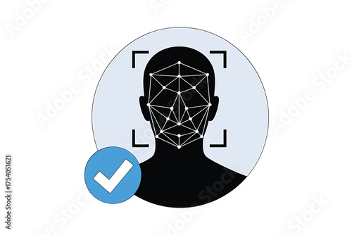 A face recognition icon with a checkmark, symbolizing identity verification, secure access, or biometric authentication, isolated on on transparent background