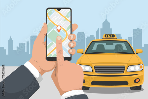 Booking a taxi with a mobile app, a person using a smartphone to order a ride, yellow car and city skyline in the background isolated on on transparent background