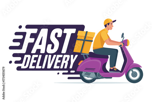 Fast delivery service with man riding scooter, express delivery, food delivery, online order, shipping, courier, vector illustration isolated on on transparent background