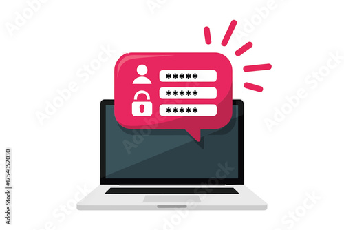 Laptop with login form on screen, password input, user icon and padlock, security concept isolated on on transparent background