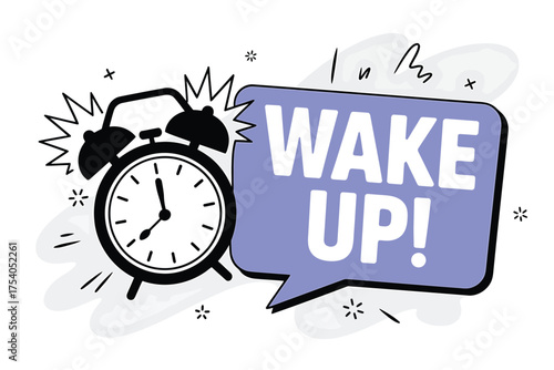 Wake up alarm clock icon with speech bubble, symbolizing morning routine and time management on transparent background