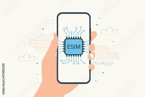 Hand holding smartphone with esim chip, modern technology and communication, on transparent background