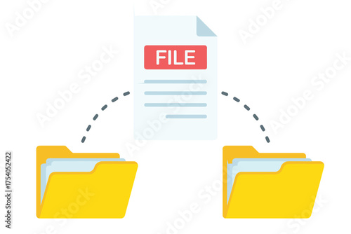 File transfer illustration showing a file being transferred between two folders isolated on on transparent background