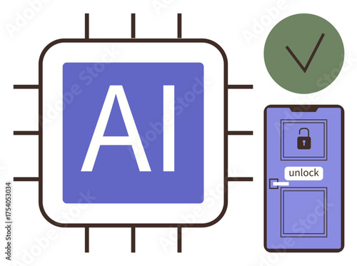 AI chip highlighted with bold text, door lock labeled unlock, and security checkmark. Ideal for technology, AI innovation, security, automation, digital access, smart systems and future