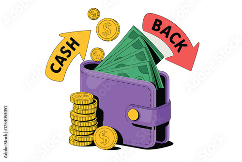 Cashback concept illustration isolated on, featuring a wallet overflowing with money, coins, and arrows indicating the return of funds on transparent background