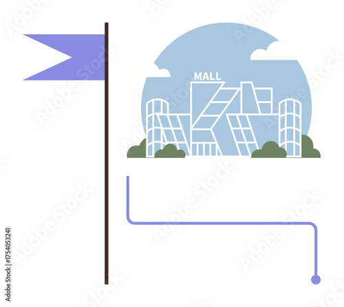 Minimalistic cityscape with modern mall, flagpole, and navigation path in soft blue and purple tones. Ideal for urban development, retail, travel, navigation, city planning, marketing