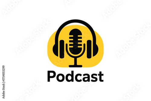 Podcast icon isolated on featuring a microphone and headphones, perfect for audio content, broadcasting, and digital media projects on transparent background