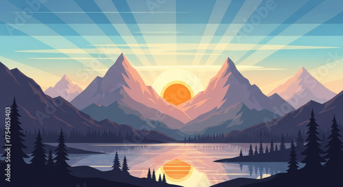 Breathtaking mountain range reflecting in a tranquil lake at sunrise, with vibrant sun rays piercing through the peaks, creating a majestic scene
