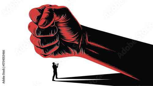 Illustration of a giant fist looming over a small man, symbolizing power imbalance, oppression, or challenge, isolated on on transparent background