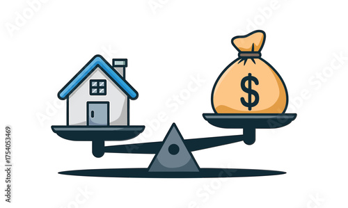 House and money bag on scales, depicting the concept of real estate investment and financial balance, isolated on on transparent background