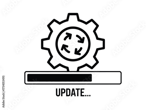 A gear icon with rotating arrows above an update progress bar, isolated on, symbolizing software or system upgrades on transparent background