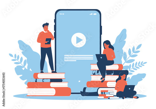 Online education and learning concept isolated on, students studying with laptops and books near a giant smartphone in a vector illustration on transparent background