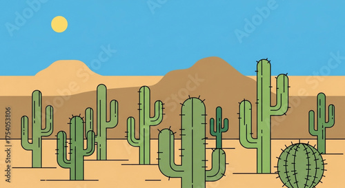 Illustration of desert landscape with cactus plants, sand dunes, and a clear blue sky, capturing the arid beauty of the desert environment