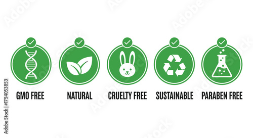 Set of icons for natural, organic, cruelty free, gmo free, sustainable and paraben free products isolated on on transparent background